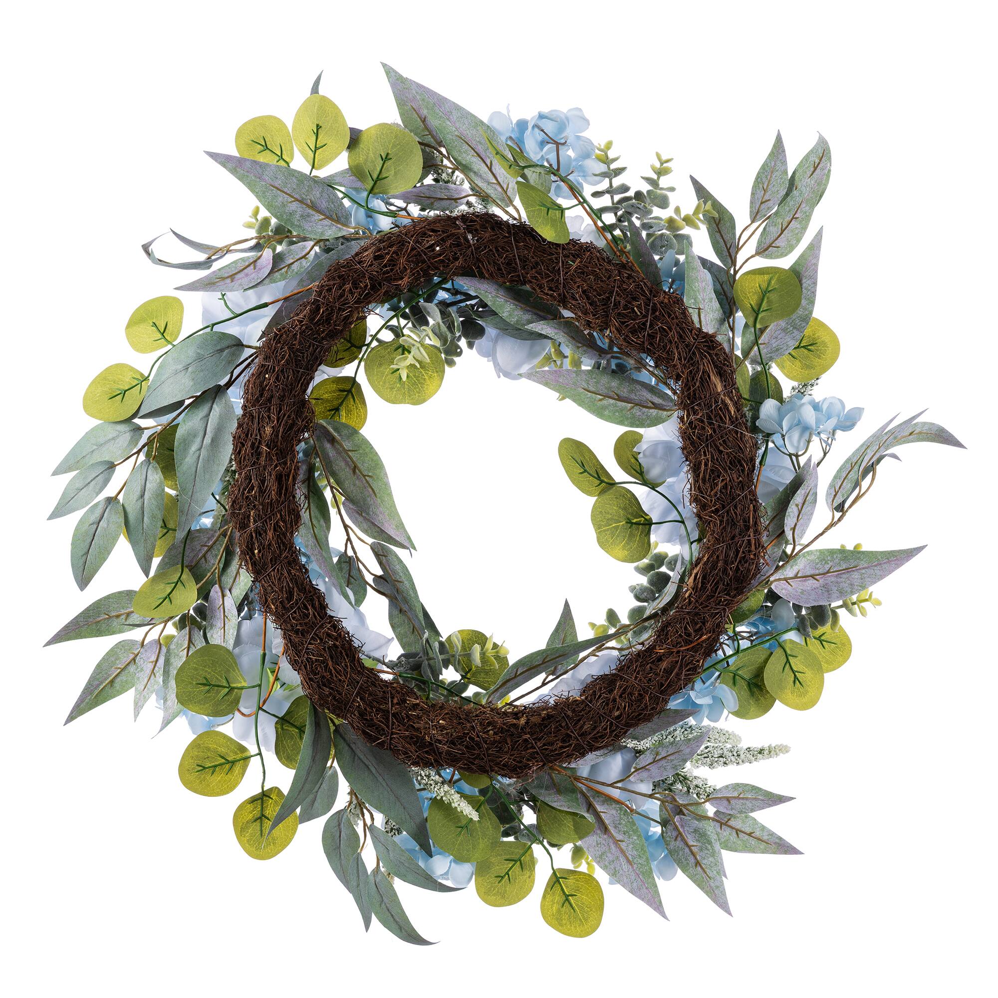 Glitzhome® 24" Blue Peony & Hydrangea Floral Wreath with Black Metal Hanger